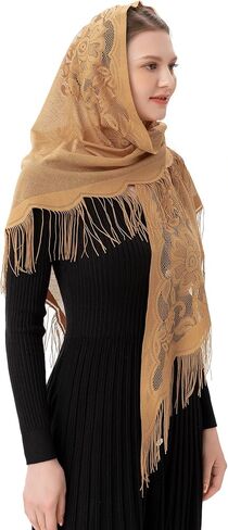 PAMOR Triangle Catholic Church Veil Chapel Veil Scarf Mantilla Veils Wrap Shawl Mass Head Covering with Fringe Trim in Saudi Arabia