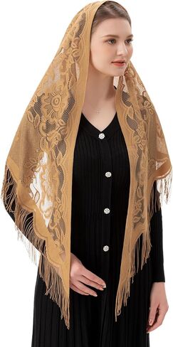 PAMOR Triangle Catholic Church Veil Chapel Veil Scarf Mantilla Veils Wrap Shawl Mass Head Covering with Fringe Trim in Saudi Arabia