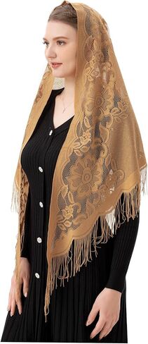 PAMOR Triangle Catholic Church Veil Chapel Veil Scarf Mantilla Veils Wrap Shawl Mass Head Covering with Fringe Trim in Saudi Arabia
