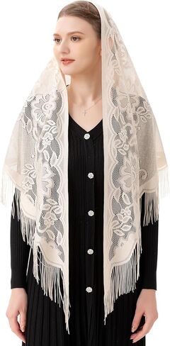 PAMOR Triangle Catholic Church Veil Chapel Veil Scarf Mantilla Veils Wrap Shawl Mass Head Covering with Fringe Trim in Saudi Arabia