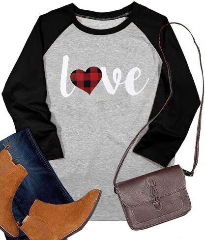قمصان عيد الحب قميص بيسبول على شكل قلب - قمصان منقوشة برسومات قلب الحب 3/4 كم للنساء قمصان راجلان لطيفة in Kuwait