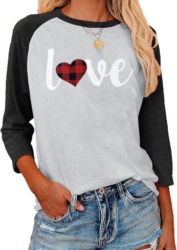 قمصان عيد الحب قميص بيسبول على شكل قلب - قمصان منقوشة برسومات قلب الحب 3/4 كم للنساء قمصان راجلان لطيفة in Kuwait