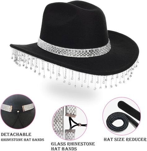 قبعة رعاة البقر باللون الأسود من حجر الراين للنساء وقبعة راعية البقر من حجر الراين ذات شراشيب لامعة وتغليف صندوق هدايا لراعية البقر ديسكو in Kuwait