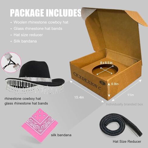 قبعة رعاة البقر باللون الأسود من حجر الراين للنساء وقبعة راعية البقر من حجر الراين ذات شراشيب لامعة وتغليف صندوق هدايا لراعية البقر ديسكو in Kuwait