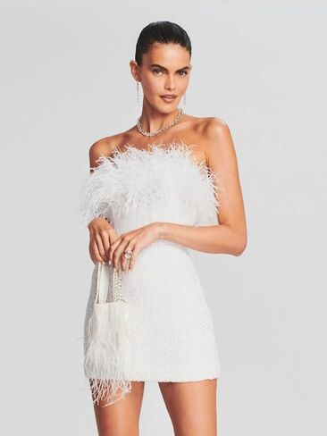 فستان نسائي من 4UFIT مزين بالترتر اللامع بدون حمالات من الريش، فستان قصير مثير للحفلات الراقصة in Kuwait