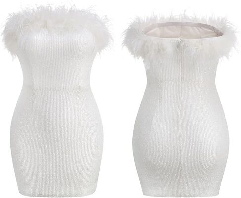 فستان نسائي من 4UFIT مزين بالترتر اللامع بدون حمالات من الريش، فستان قصير مثير للحفلات الراقصة in Kuwait