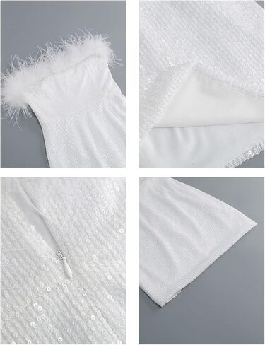 فستان نسائي من 4UFIT مزين بالترتر اللامع بدون حمالات من الريش، فستان قصير مثير للحفلات الراقصة in Kuwait