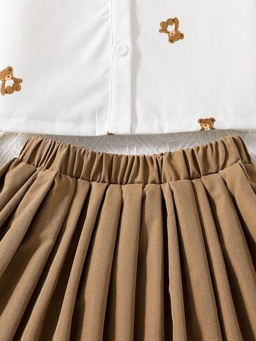 OYOANGLE Girl's 2 Pieces Outfits Graphic Print Short Puff Sleeve Button Down Blouse and Pleated Short Skirt Sets in Saudi Arabia