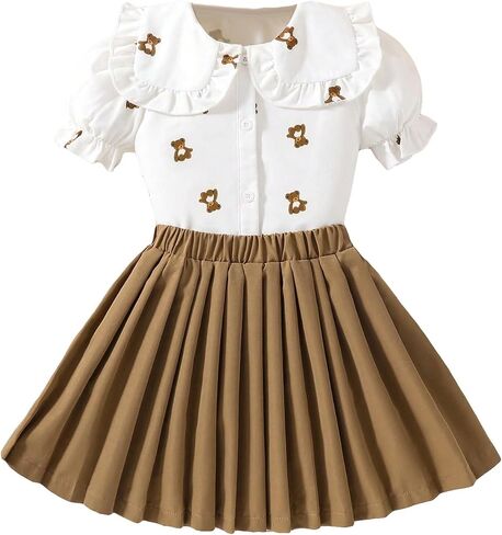 OYOANGLE Girl's 2 Pieces Outfits Graphic Print Short Puff Sleeve Button Down Blouse and Pleated Short Skirt Sets in Saudi Arabia