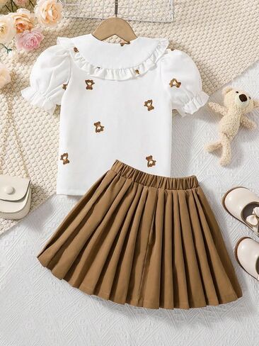 OYOANGLE Girl's 2 Pieces Outfits Graphic Print Short Puff Sleeve Button Down Blouse and Pleated Short Skirt Sets in Saudi Arabia