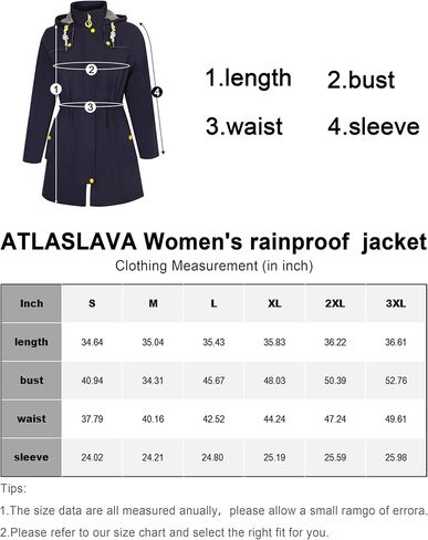 ATLASLAVA Rain Jacket Women Waterproof Long Lightweight Raincoat Hooded Windbreaker Outdoor Trench Coat in Saudi Arabia
