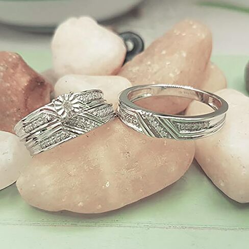 مجموعة Dazzlingrock 0.25 قيراط (ctw) مجموعة دائرية من الألماس الأبيض على شكل رأس دائرة وخطوبة ثلاثية للزوجين من الفضة الإسترليني عيار 925 in Kuwait