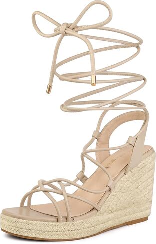 Allegra K Women's Lace Up Platform Square Heel Espadrilles Wedge Sandals in Kuwait