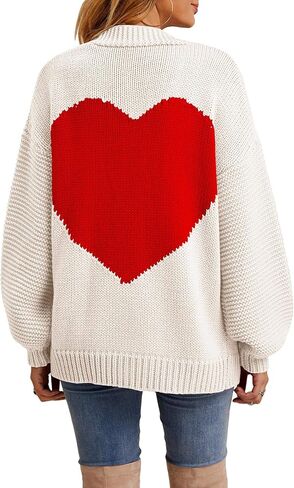 Nulibenna Women Knitted Heart Patch Open Front Long Sleeve Chunky Oversized Cardigan Sweater Loose Valentine Outerwear Coat in Saudi Arabia