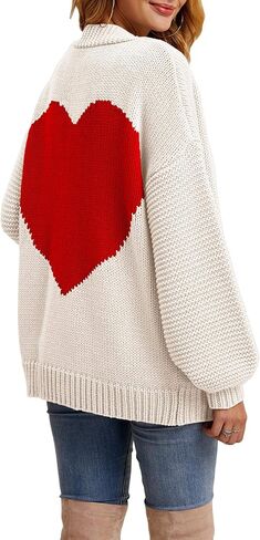 Nulibenna Women Knitted Heart Patch Open Front Long Sleeve Chunky Oversized Cardigan Sweater Loose Valentine Outerwear Coat in Saudi Arabia