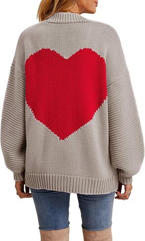 Nulibenna Women Knitted Heart Patch Open Front Long Sleeve Chunky Oversized Cardigan Sweater Loose Valentine Outerwear Coat in Saudi Arabia