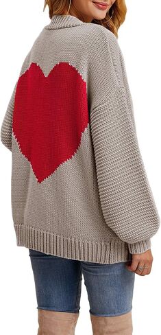 Nulibenna Women Knitted Heart Patch Open Front Long Sleeve Chunky Oversized Cardigan Sweater Loose Valentine Outerwear Coat in Saudi Arabia