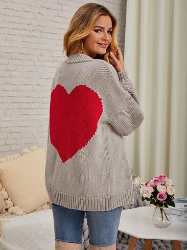 Nulibenna Women Knitted Heart Patch Open Front Long Sleeve Chunky Oversized Cardigan Sweater Loose Valentine Outerwear Coat in Saudi Arabia