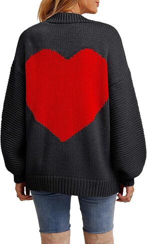 Nulibenna Women Knitted Heart Patch Open Front Long Sleeve Chunky Oversized Cardigan Sweater Loose Valentine Outerwear Coat in Kuwait