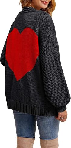 Nulibenna Women Knitted Heart Patch Open Front Long Sleeve Chunky Oversized Cardigan Sweater Loose Valentine Outerwear Coat in Kuwait