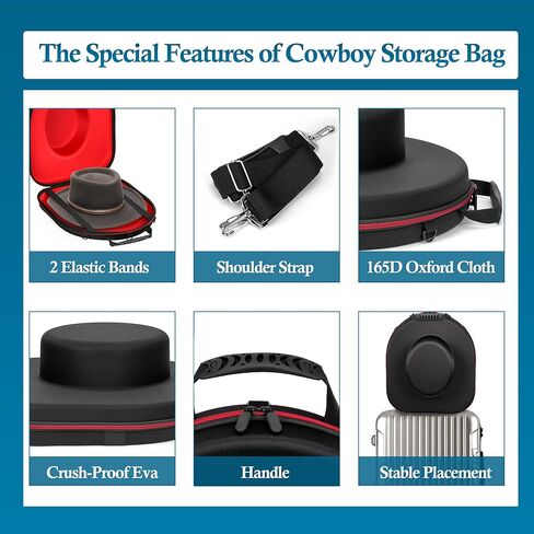 Qriocioa Cowboy Hats Proof Box for Travel - Crush Proof Cowboy Hat Case Box Carrier Case Protects up to 2 Cowboy Hats for Stetson with ID Slot, Carrying Handle, Adjustable Carry Strap - Large in Kuwait