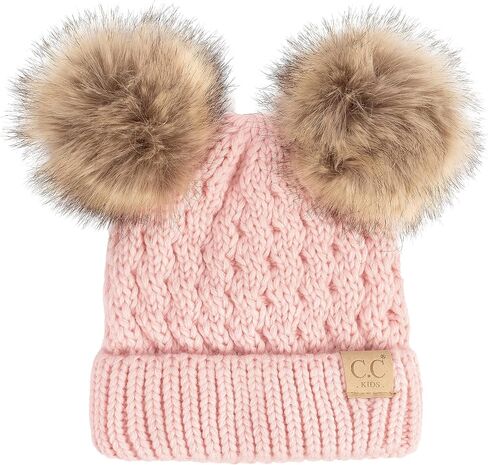 Funky Junque Girls Hat Kids Beanie Double Pom Pom Faux Fur Soft Warm Winter Knit Cap in Saudi Arabia