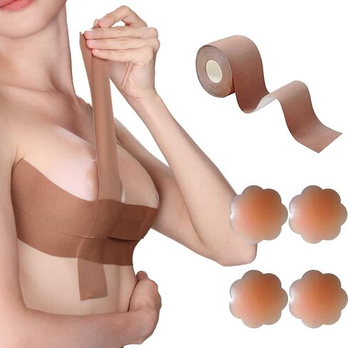 شريط EMOET وزوجين من غطاء الحلمة السيليكون القابل لإعادة الاستخدام، شريط حمالة صدر بدون حمالات، شريط Boobytape لرفع الثدي قابل للتنفس للشريط الرياضي، شريط رفع حمالة الصدر اللاصق بدون ظهر وفطائر الثدي باللون البني in Kuwait