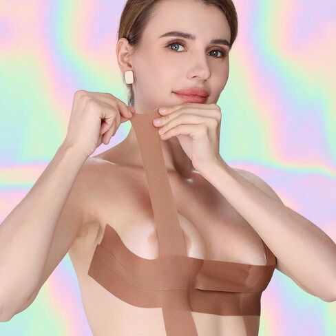 شريط EMOET وزوجين من غطاء الحلمة السيليكون القابل لإعادة الاستخدام، شريط حمالة صدر بدون حمالات، شريط Boobytape لرفع الثدي قابل للتنفس للشريط الرياضي، شريط رفع حمالة الصدر اللاصق بدون ظهر وفطائر الثدي باللون البني in Kuwait