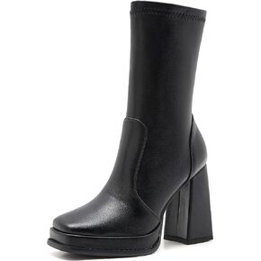 ZXHYZLZ Women’s Go Go Boots Platform Boots Mid-Calf Boots Zipper Square Toe Chunky Heeled Boots
