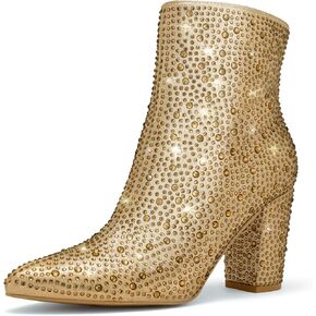 SUEDI Rhinestone Boots for Women, Sparkly Ankle Booties | Rhinestone, Zipper, Ankle-High, Pointed Toe, Chunky Heel, for Country Concert Party Special Events in Saudi Arabia