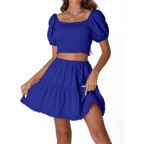 LYANER Women's Two Pieces Outfits Frill Smock Square Neck Top and Skirts Suit Sets