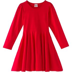 Noomelfish Girls Long Puff Sleeve Swing Dress Casual Cotton Twirly Skater Dresses with Pockets (2-12 Years)