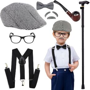 TIDAXU Kids Old Man Costume Set -100 Days of School Costume Halloween Cosplay Accessary with Hat, Glasses Beard Set for Boys