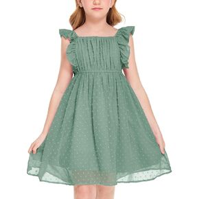 Girls Ruffle Sleeve Swiss Dot Dress Stretchy A-Line Flutter Sleeve Casual Dress for 5-12 Years Kids