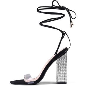 GENSHUO Sexy Strappy Rhinestone Chunky Sandals for Women 12cm/4.72inch Lace-up High Heels Transparent Open Toe Party Wedding Shoes