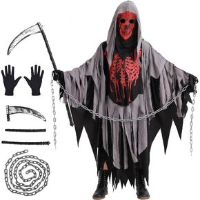 QUJQOM Kids Grim Reaper Costume Boys Halloween Costume Skull Reaper Cosplay Scary Red Skeleton Cloak with Gloves Scythe Chain in Kuwait