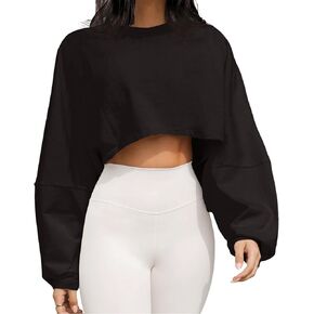 Meladyan المرأة طويلة الأكمام Crewneck المحاصيل تي شيرت البلوز عادية الصلبة فضفاضة تناسب تجريب اقتصاص البلوز التي شيرت in Kuwait