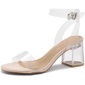Shoe Land Women's Low Heels – 2.75 Inch Chunky Block Heeled Sandals | Clear Sandals, Open Toe Dressy Short Heels with Ankle Strap for Wedding, Prom & Party in Saudi Arabia
