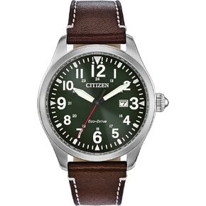 Citizen Men's Sport Casual Garrison 3-Hand Date Eco-Drive Leather Strap Watch, Arabic Markers, Stainless Steel, Field Watch