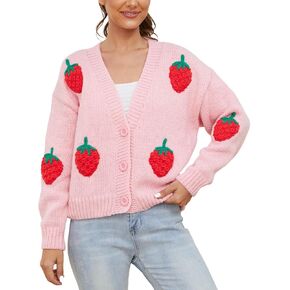 Arssm Women's Strawberry Embroidery Cardigan Sweater Cute Kawaii Button Down Long Sleeve V Neck Crop Shrug Sweaters