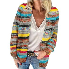 xxxiticat Women's Rainbow Knitted Cardigan Sweater Long Sleeve Multicolor Striped Sweater Jumpers Open Front Jacket