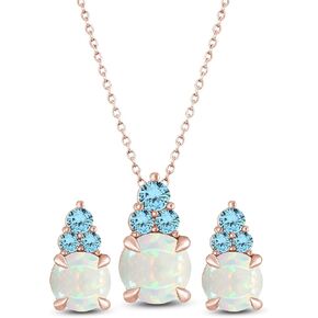 Gemvio Collection 3 3/4 Cttw Round Natural White Opal & Swiss Blue Topaz Gemstone Trio Pendant And Drop Earrings Set in 14K Gold Over Sterling Silver Valentine's Day Women Jewelry(3.75Cttw)
