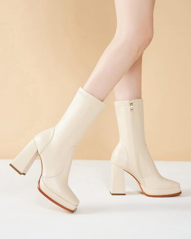 أحذية ZXHYZLZ النسائية Go Go Boots وأحذية متوسطة الساق وسحاب ومقدمة مربعة وكعب مكتنز in Kuwait