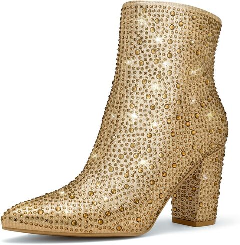 SUEDI Rhinestone Boots for Women, Sparkly Ankle Booties | Rhinestone, Zipper, Ankle-High, Pointed Toe, Chunky Heel, for Country Concert Party Special Events in Saudi Arabia