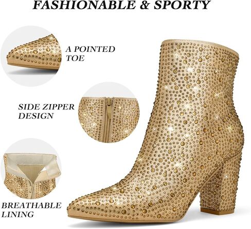SUEDI Rhinestone Boots for Women, Sparkly Ankle Booties | Rhinestone, Zipper, Ankle-High, Pointed Toe, Chunky Heel, for Country Concert Party Special Events in Saudi Arabia