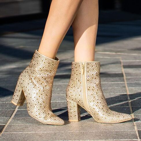 SUEDI Rhinestone Boots for Women, Sparkly Ankle Booties | Rhinestone, Zipper, Ankle-High, Pointed Toe, Chunky Heel, for Country Concert Party Special Events in Saudi Arabia