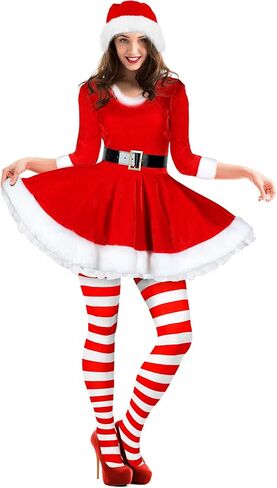 مجموعة زي Geyoga Santa Claus فستان مخملي مع حزام للنساء لعيد الميلاد مخطط لباس سانتا مجموعة فستان تنكري in Kuwait
