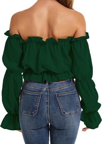 LYANER Women's Off Shoulder Ruffle Trim Puff Long Sleeve Tube Crop Blouse Shirt Top in Saudi Arabia