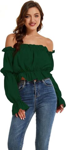 LYANER Women's Off Shoulder Ruffle Trim Puff Long Sleeve Tube Crop Blouse Shirt Top in Saudi Arabia