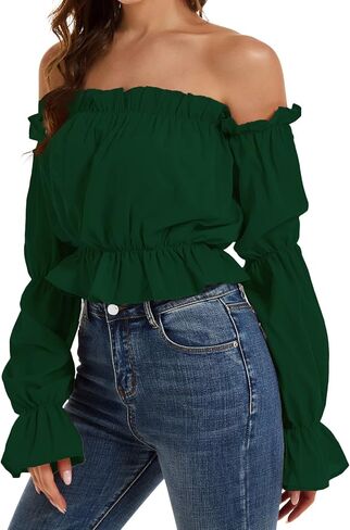 LYANER Women's Off Shoulder Ruffle Trim Puff Long Sleeve Tube Crop Blouse Shirt Top in Saudi Arabia